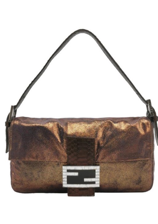 Authentic Fendi Baguette Copper Lambskin Leather Crystal Buckle Shoulder Bag Pre-owned
