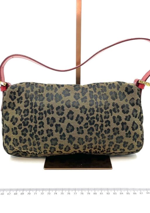 Authentic Fendi Baguette Denim Leopard Print with Red Leather Rare Pre-owned