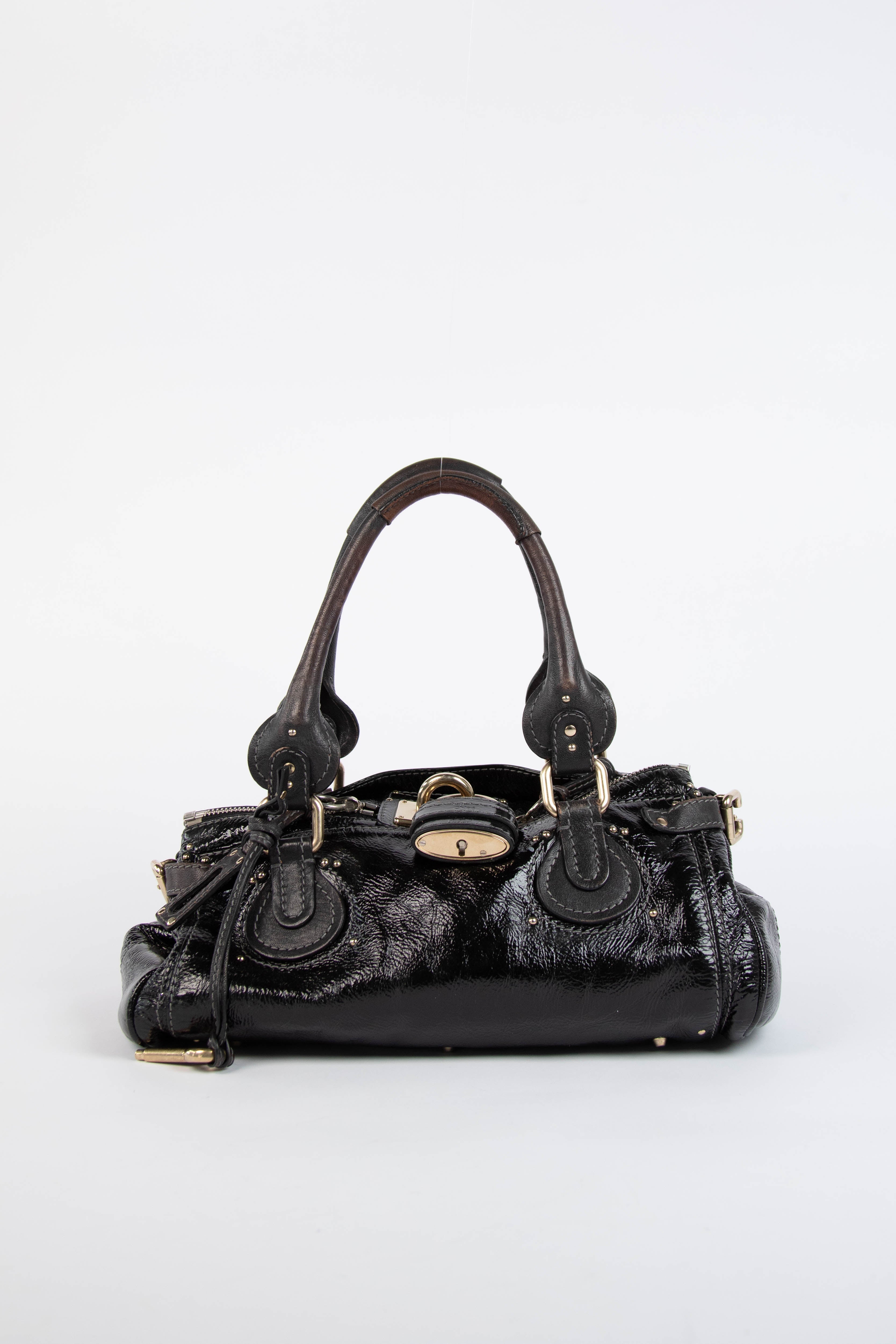 2000s Chloe Black Patent Leather Paddington Shoulder Bag