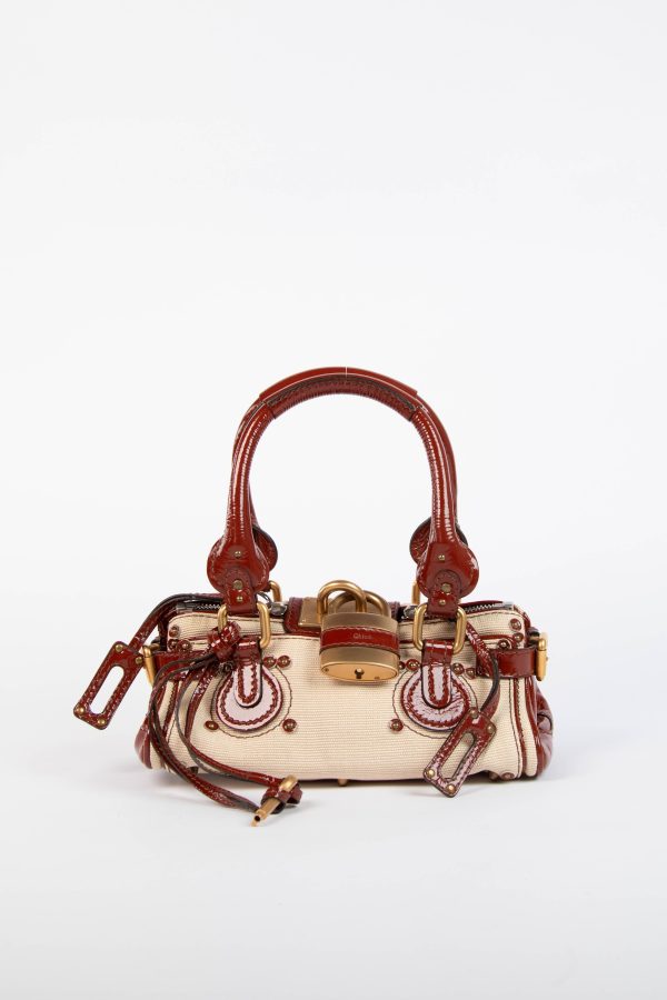 2000s Chloe Beige Canvas and Patent Leather Small Paddington Bag