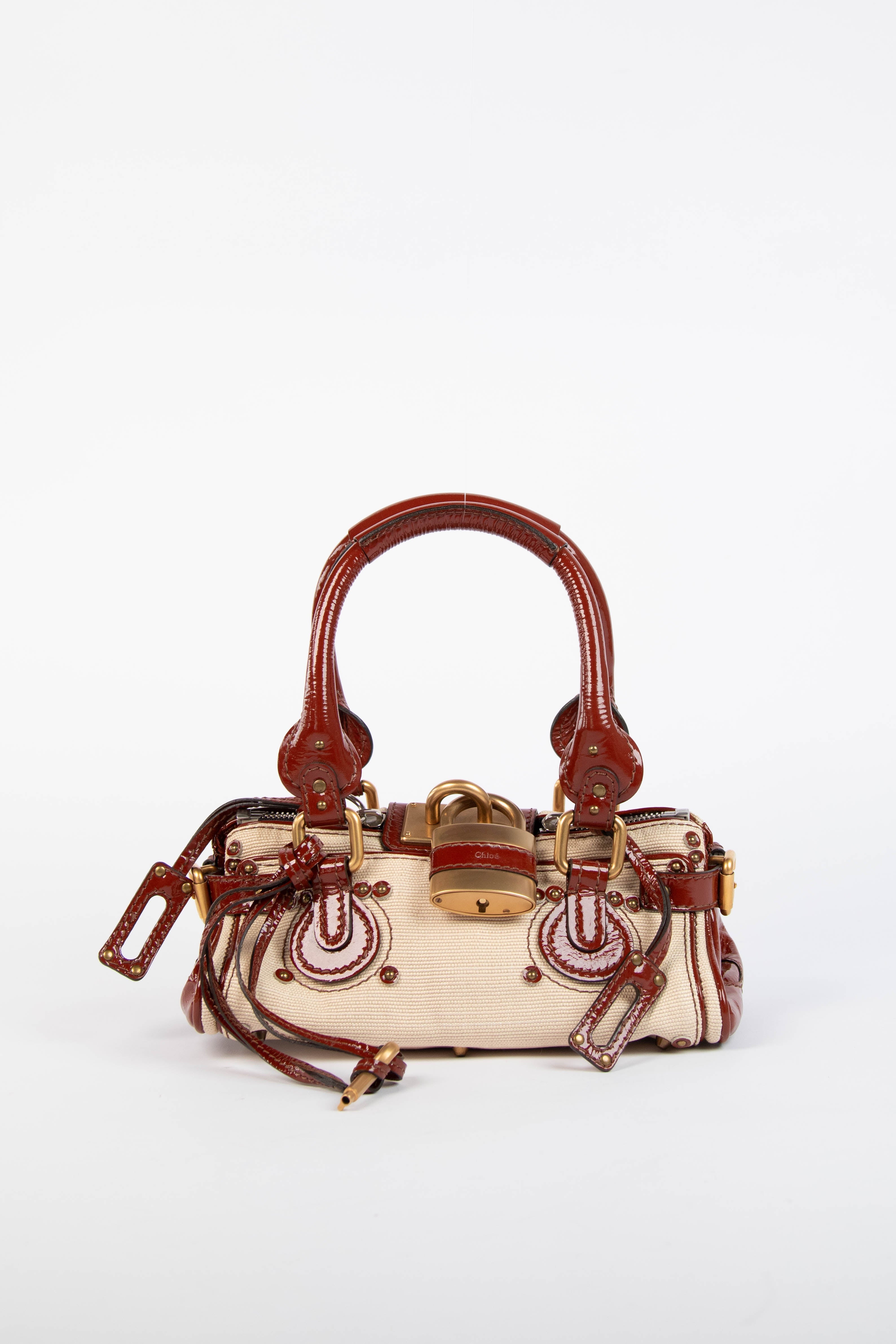 2000s Chloe Beige Canvas and Patent Leather Small Paddington Bag
