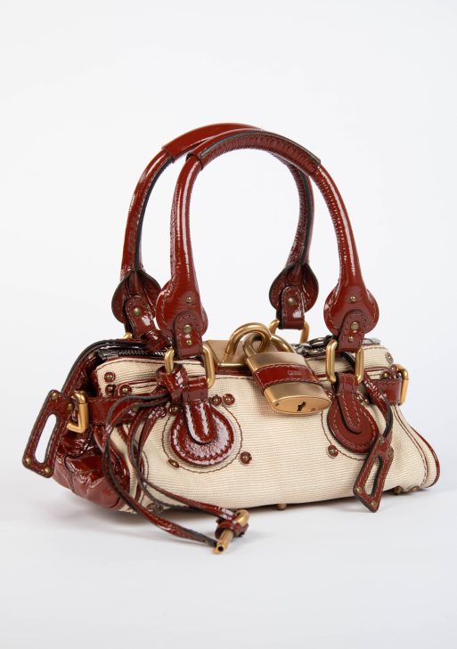 2000s Chloe Beige Canvas and Patent Leather Small Paddington Bag