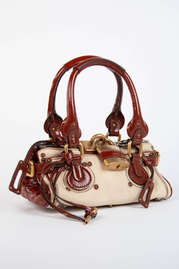 2000s Chloe Beige Canvas and Patent Leather Small Paddington Bag