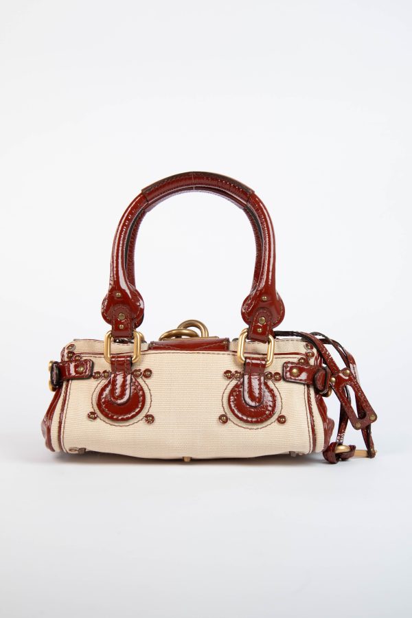 2000s Chloe Beige Canvas and Patent Leather Small Paddington Bag