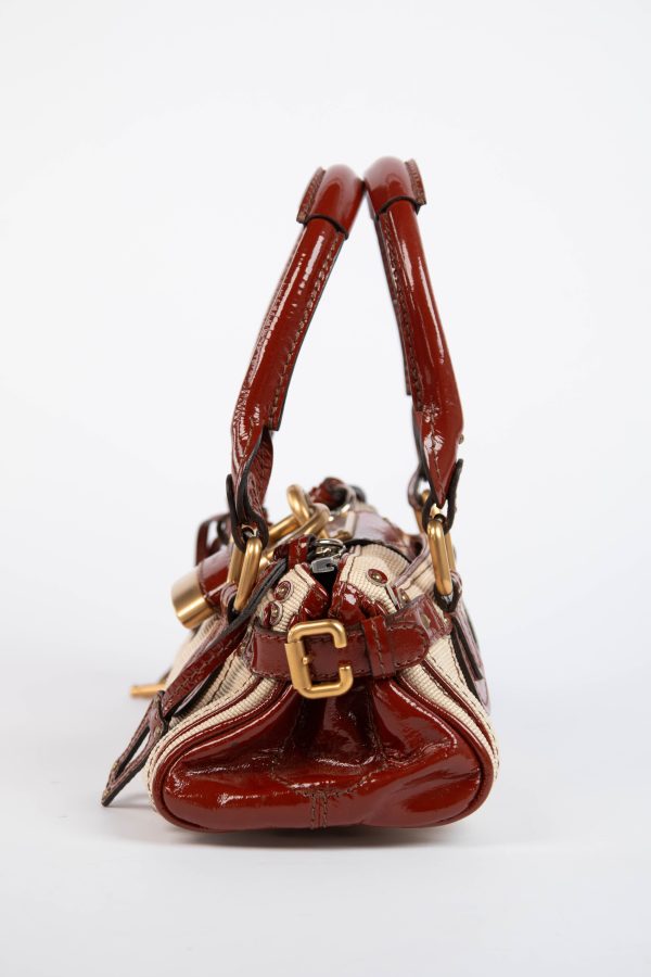 2000s Chloe Beige Canvas and Patent Leather Small Paddington Bag