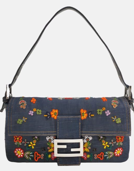 Authentic Fendi Baguette Denim with Floral Beads 25 Anniversary Special Collection Pre-owned