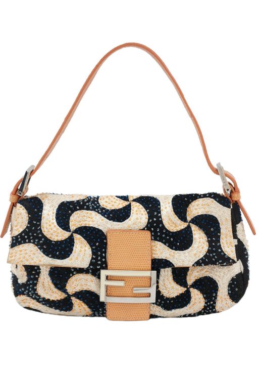 Authentic Fendi Baguette Beaded Windmill Orange Black Lizard Buckle Pre-owned