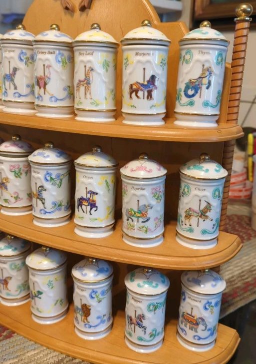 RARE: Lenox 1993 Carousel Porcelain Spice Jars & Wooden Rack - Complete Set (24)