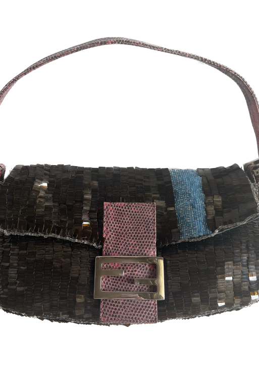 Authentic Fendi Baguette Brown Sequins with blue beads & pink lizard skin strap Pre-owned
