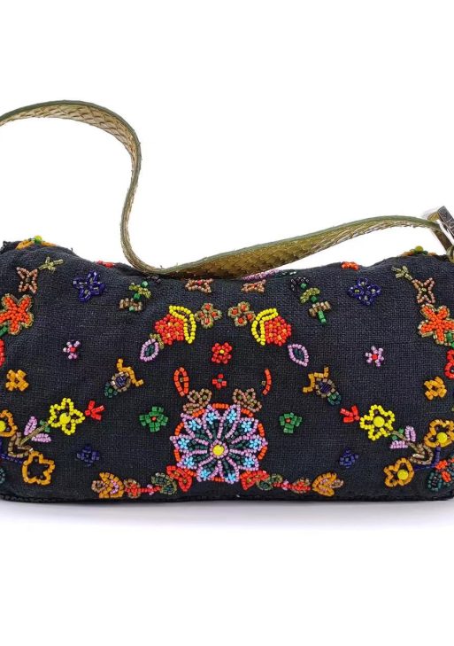 Authentic FENDI Baguette Black Canvas with beaded Flower Embroidery Pre-owned