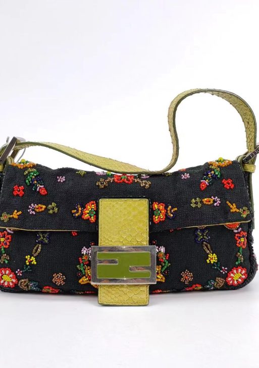 Authentic FENDI Baguette Black Canvas with beaded Flower Embroidery Pre-owned