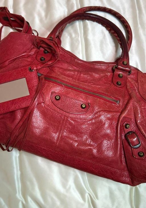 BALENCIAGA Le City – Authentic Red Leather Top Handle / Shoulder Bag Classic ES1