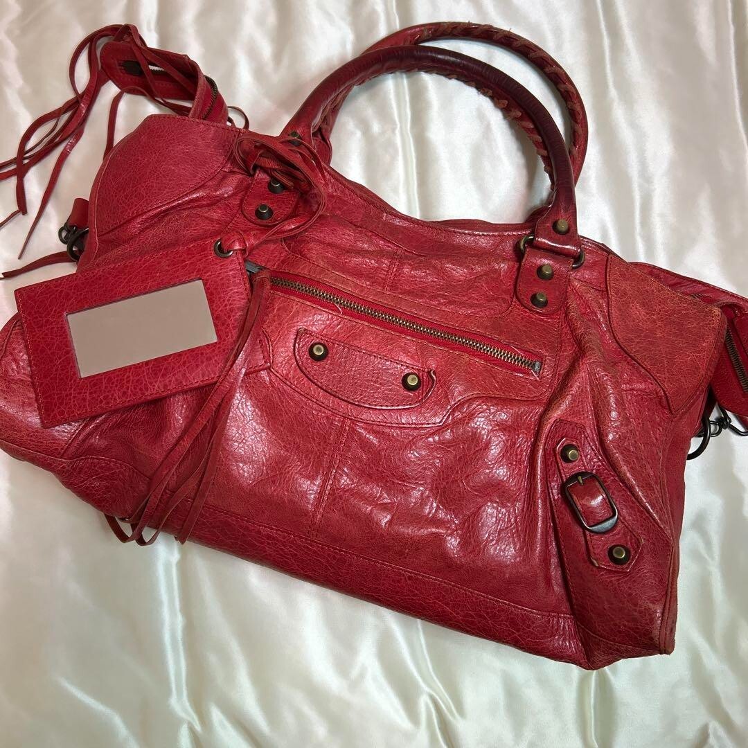 BALENCIAGA Le City – Authentic Red Leather Top Handle / Shoulder Bag Classic ES1