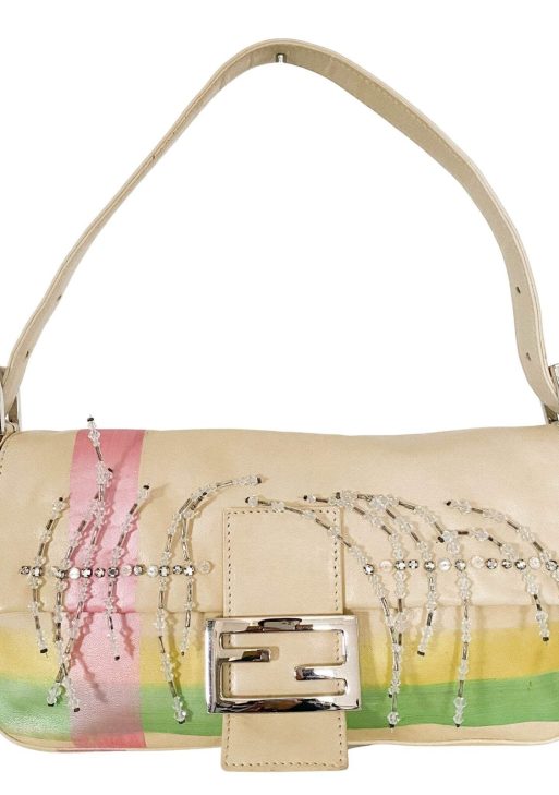 Authentic FENDI Baguette Cream Leather Beads Embroidered Pre-owned