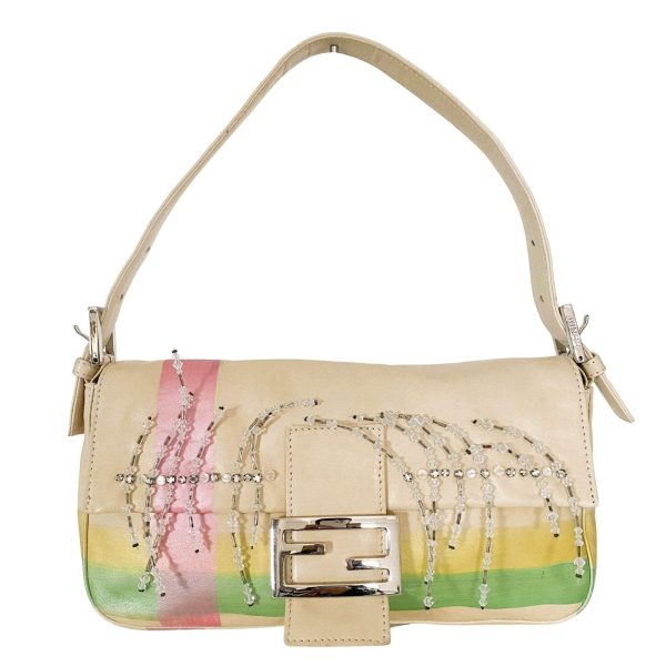 Authentic FENDI Baguette Cream Leather Beads Embroidered Pre-owned
