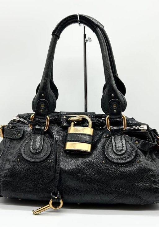 Rare Chloe Paddington Hand Bag Leather Black Padlock Key Used