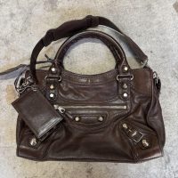 Rare BALENCIAGA Y2K Giant City Brown Leather 2-Way Shoulder Bag Handbag