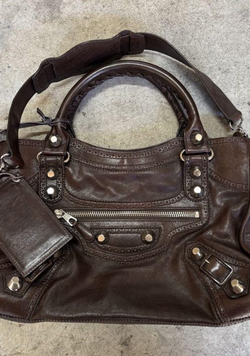 Rare BALENCIAGA Y2K Giant City Brown Leather 2-Way Shoulder Bag Handbag
