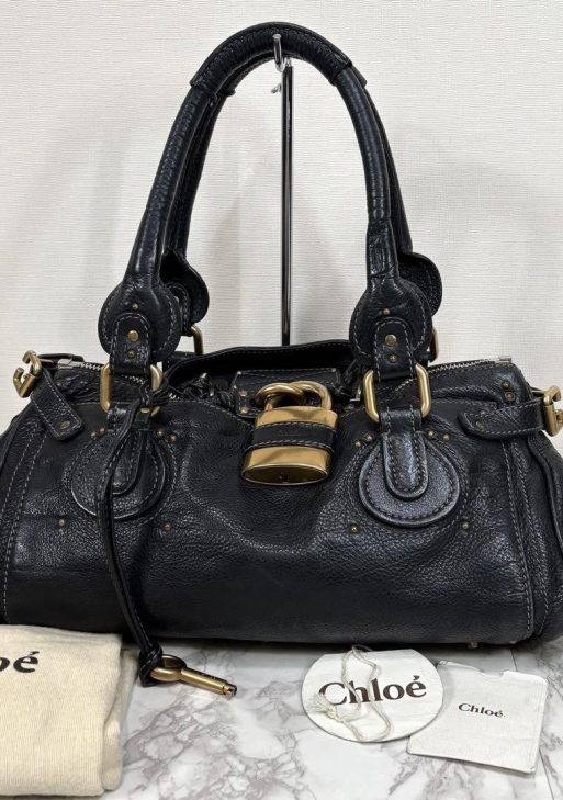 Rare Chloe Paddington Hand Bag Leather Black Padlock Key Used