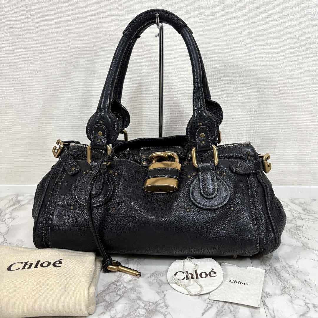 Rare Chloe Paddington Hand Bag Leather Black Padlock Key Used