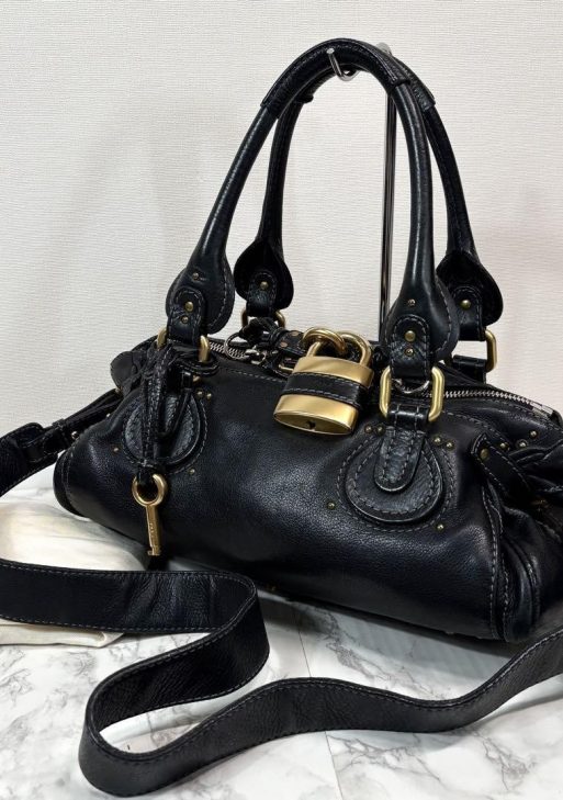Rare Chloe 32914 Paddington Shoulder Bag Black Leather W Padlock Key