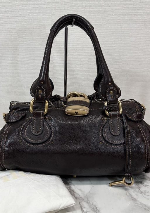Rare Chloe Paddington Hand Bag Leather Dark Brown Padlock Key Used