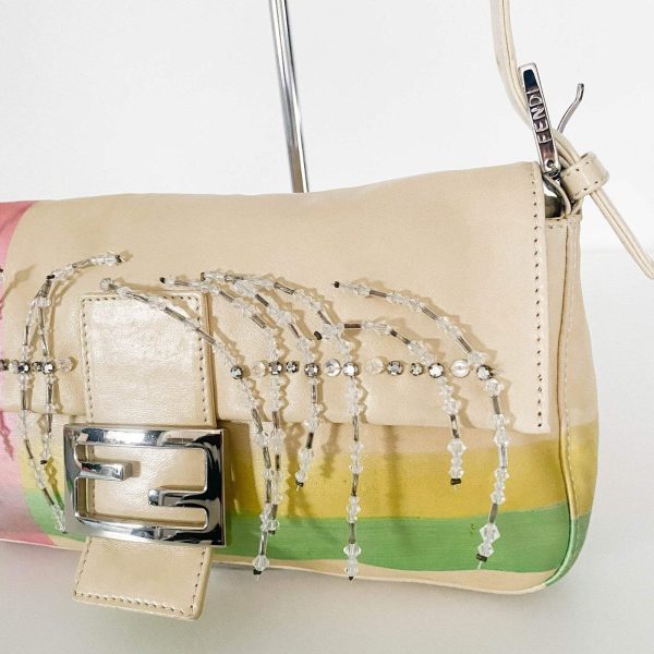 Authentic FENDI Baguette Cream Leather Beads Embroidered Pre-owned - Image 3