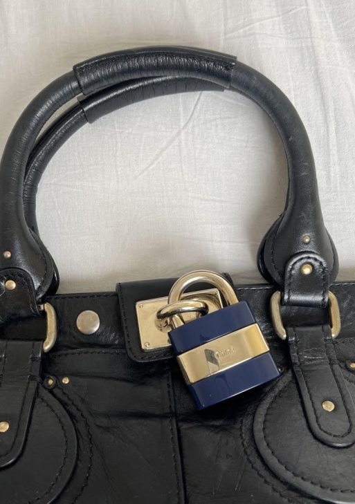 Rare Chloe Paddington Handbag Shoulder Bag Padlock Key Black Leather silver