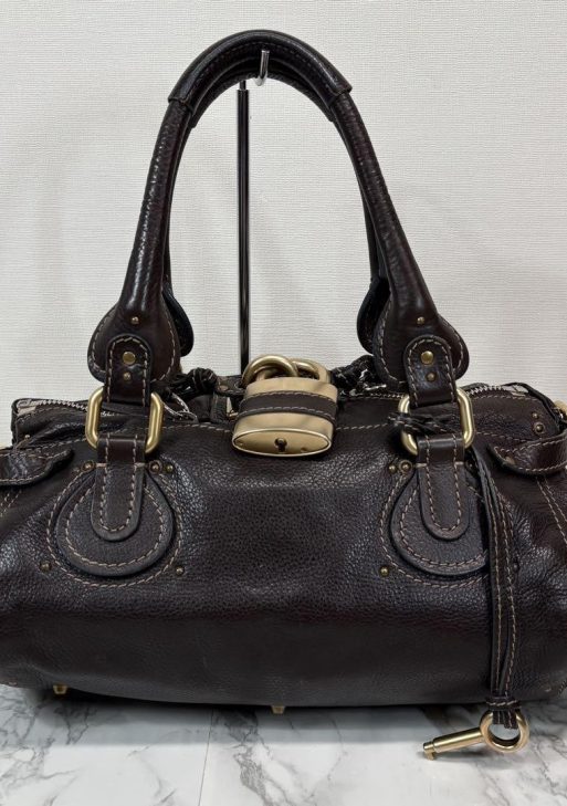 Rare Chloe Paddington Hand Bag Leather Dark Brown Padlock Key Used