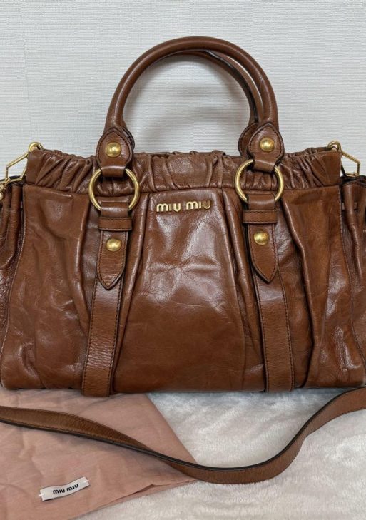 Authentic PreOwned miumiu vitello lux ribbon 2way bag brown leather shoulder