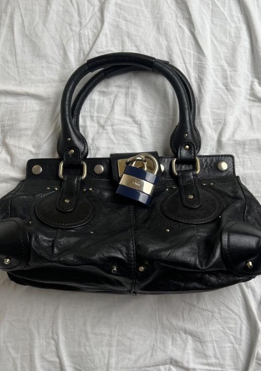 Rare Chloe Paddington Handbag Shoulder Bag Padlock Key Black Leather silver