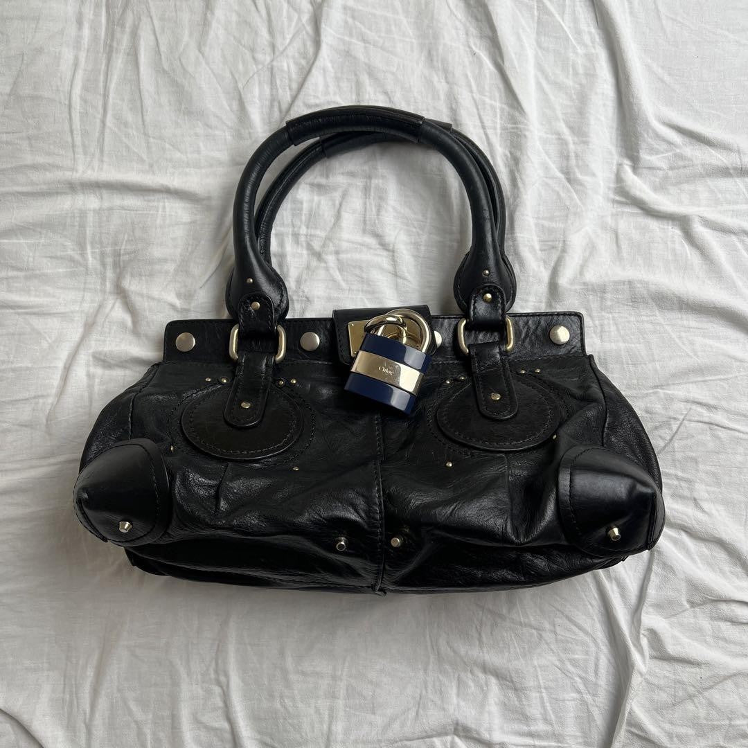 Rare Chloe Paddington Handbag Shoulder Bag Padlock Key Black Leather silver